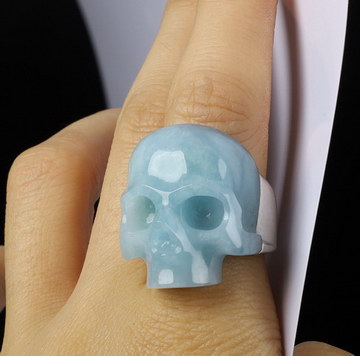 US Size 8 Aquamarine Carved Crystal Skull & 925 Siver Ring Cricle, Crystal Skull Jewelry