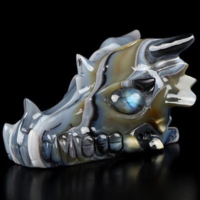5.1" Premium Brazilian Agate Hand Carved Crystal Dragon Skull with Labradorite Eyes Sculpture, Crystal Healing