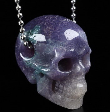 2.0" Purple Grape Agate Carved Crystal Skull Pendant with 925 Sterling Silver, Crystal Healing