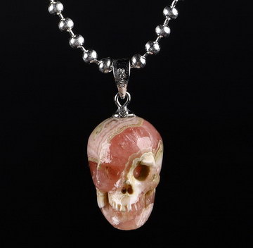Gemstone 0.7" Rhodochrosite Carved Crystal Skull Pendant With 925 Sterling Silver Chain, Crystal Healing