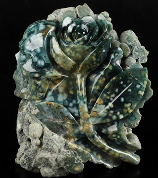 5.9" Ocean Jasper Carved Double Crystal Skulls & Rose Sculpture, Crystal Healing