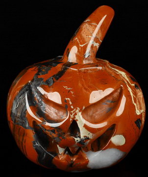 Happy Halloween 5.2" Red Jasper Carved Crystal Pumpkin Skull, Crystal Healing