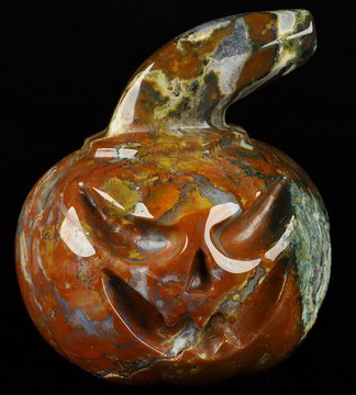 Happy Halloween 5.2" Indian Agate Carved Crystal Pumpkin Skull, Crystal Healing