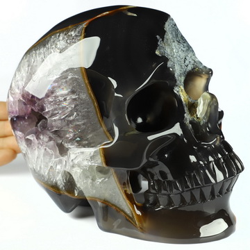 Lifesized 6.5" Agate Amethyst Geode Hand Carved Crystal Skull, Super Realistic, Crystal Healing