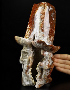 8.9" Red Crazy Lace Agate Geode Carved Crystal Skull Sculpture, Crystal Healing