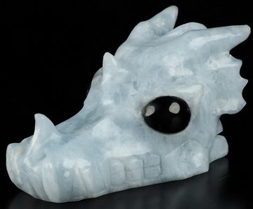5.1" Blue Calcite Carved Crystal Dragon Skull with Black Obsidian Eyes, Crystal Healing