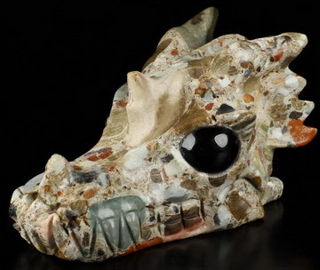 5.1" Australian Chert Brecciated Carved Crystal Dragon Skull with Black Obsidian Eyes, Crystal Healing