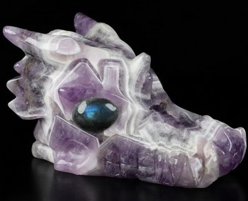 5.1" Dream Chevron Amethyst Carved Crystal Dragon Skull with Labradorite Eyes, Realistic