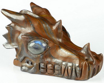 5.1" Colorful Tiger Iron Eye Carved Crystal Dragon Skull & Labradorite Eyes, Crystal Healing