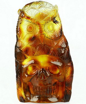 3.0" amber Carved Crystal Skull & Owl Sculpture, Realistic
