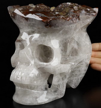Lifesized 7.1" Quartz Rock Crystal with Red Quartz Druse Carved Crystal Skull, Crystal Healing