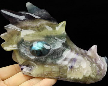 5.2" Fluorite Carved Crystal Dragon Skull with Labradorite Eyes, Crystal Healing