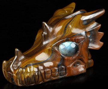 5.1" Tiger Iron Eye Carved Crystal Dragon Skull with Labradorite Eyes, Crystal Healing