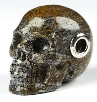 Necklace of 1.1" Dinosaur Sauropoda Bone Fossil Carved Crystal Skull Pendant with 925 Silver Chain
