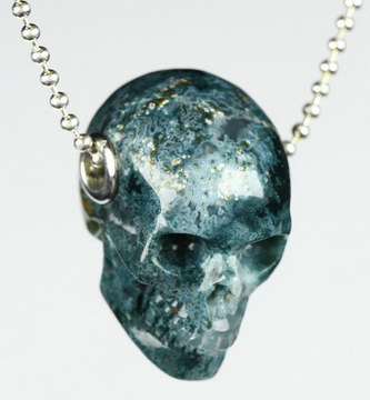 1.2" Green Moss Agate Carved Crystal Skull Pendant With 925 Sterling Silver Chain, Crystal Healing