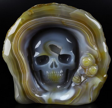 Origianl 7.3" Banded Agate Carved Crystal Skull & Flower, Crystal Healing