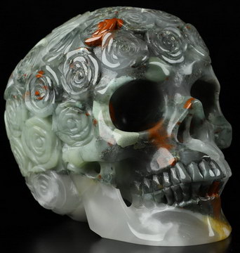5.1" African Bloodstone Carved Crystal Rose Skull,Realistic, Crystal Healing