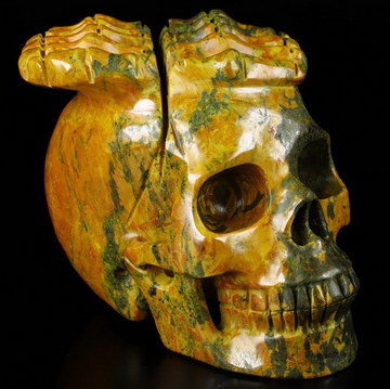 5.1" Orpiment Carved Crystal Skull & Hand Bone Sculpture, Crystal Healing
