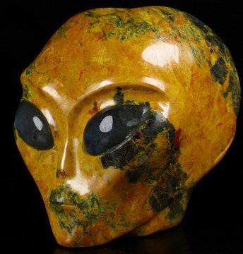 4.2" Orpiment Carved Crystal Skull Companion Star Being Female Alien with Labradorite Eyes， Reiki Healing Stone Statue