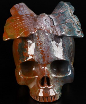 4.7" Bloodtsone Carved Crystal Skull & Butterfly, Crystal Healing