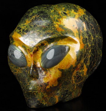 4.1" Orpiment CarvedCrystal Skull Companion with Labradorite Eyes， Star Being Female Alien Reiki Healing Stone Statue