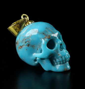 0.6" Turquoise Carved Crystal Skull Pendant With 925 Sterling Silver Chain,18K Buckle, Skull Jewelry.