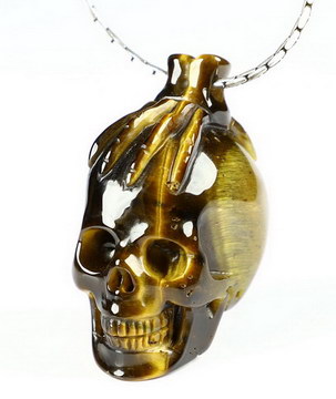 1.3" Gold Tiger's Eye Carved Crystal Skull Pendant, Realistic