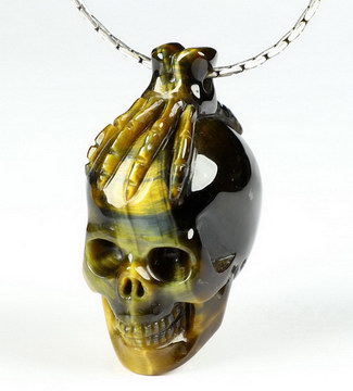 1.3" Blue & Gold Tiger's Eye Carved Crystal Skull Pendant, Realistic