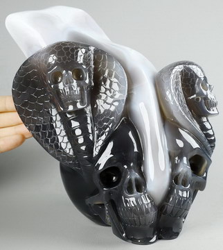 AWESOME 7.1" Agate Geode Carved Crystal Cobra Skulls Sculpture, Crystal Healing