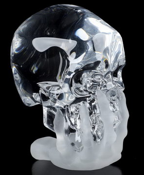 The Thinker---5.7" K9 Crystal Carved Crystal Skull & Hand Bone Sculpture, Crystal Healing