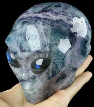 4.1" Fluorite CarvedCrystal Skull Companion with Labradorite Eyes， Star Being Female Alien Reiki Healing Stone Statue