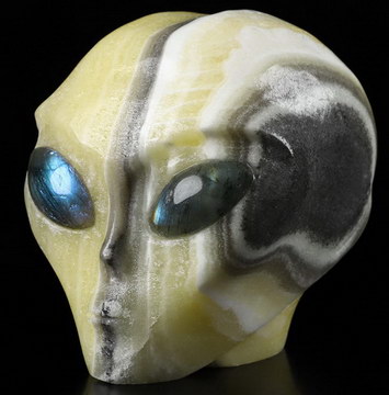 4.1" Zebra Calcite CarvedCrystal Skull Companion with Labradorite Eyes， Star Being Female Alien Reiki Healing Stone Statue