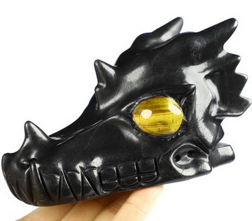 5.0" Shungite Carved Crystal Dragon Skull with Gold Tiger's Eye Eyes, Crystal Healing