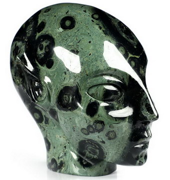 4.1" Kambaba Jasper Carved Fairy Elf Alien Crystal Skull Companion Sculpture, Crystal Healing