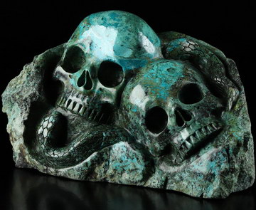 7.6" African Turquoise Carved Crystal Double Skulls & Snake, Crystal Healing