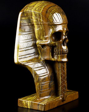 The Pharaoh 6.9" Tiger Iron Eye Carved Crystal Pharaoh Skull, Crystal Healing