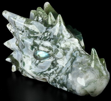 5.7" Green Moss Agate Carved Crystal Dragon Head Skull & Labradorite Eyes, Crystal Healing