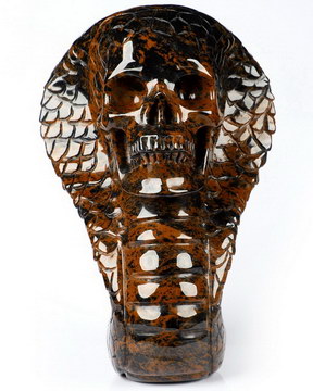 6.3" Mahogany Obsidian Carved Crystal Cobra Skull Sculpture, Realistic