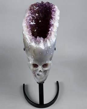 12.4" Agate Amethyst Geode Carved Crystal Skull Sculpture, Crystal Healing