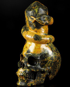 7.7" Orpiment Carved Crystal Skull Point & Snake, Crystal Healing