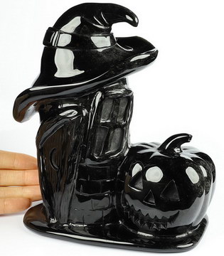 Happy Halloween 6.9" Black Obsidian Carved Crystal Skull Pumpkin Sculpture, Crystal Healing