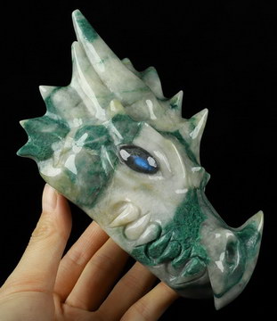 6.1" African Green Stone Carved Crystal Dragon Head Skull & Labradorite Eyes, Crystal Healing