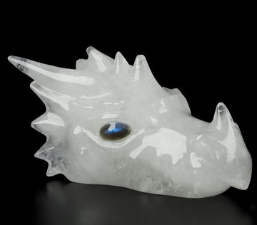 6.1" Quartz Rock Crystal Carved Crystal Dragon Head Skull & Labradorite Eyes, Crystal Healing