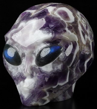 4.1" Dream Chevron Amethyst Carved Crystal Skull Companion Star Being Female Alien with Labradorite Eyes， Reiki Healing Stone Statue