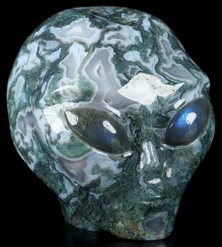 GOOD QUALITY 4.1" Green Moss Agate Crystal Skull Companion Star Being Female Alien with Labradorite Eyes， Reiki Healing Stone Statue