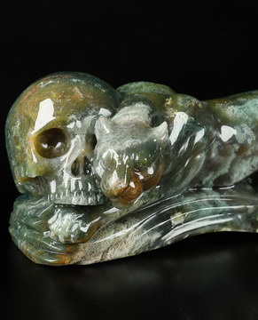 8.0" Green Moss Agate Carved Crystal Skull & Leopard, Realistic