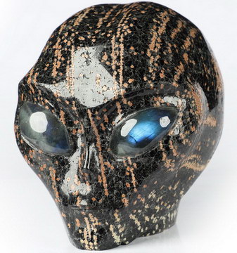 4.1" Brown Snowflake Crystal Skull Companion with Labradorite Eyes, Star Being Female Alien Reiki Healing Stone Statue