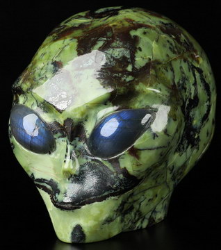 4.1" Hiso Jasper Crystal Skull Companion with Labradorite Eyes， Star Being Female Alien Reiki Healing Stone Statue