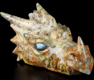 6.2" Crazy Lace Agate Carved Crystal Dragon Head Skull & Labradorite Eyes, Crystal Healing