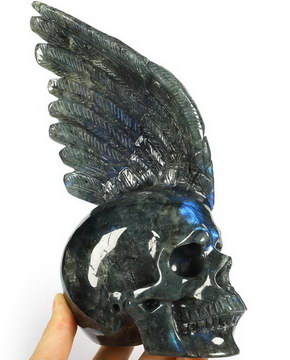 7.7" Labradorite Carved Crystal Skull & Wings, Realistic